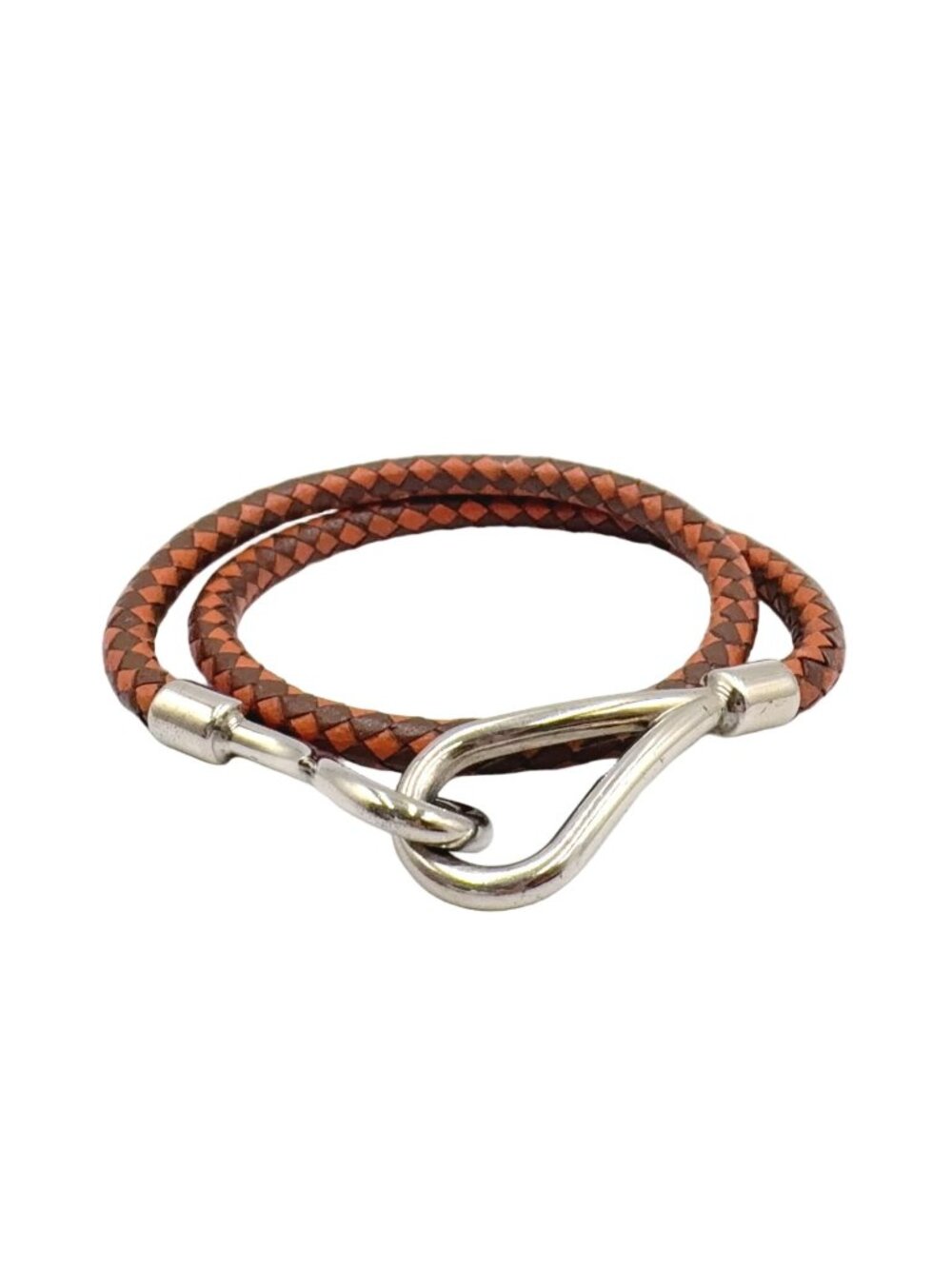 Hermes Jumbo Leather Metal Orange Brown Bracelet Silver